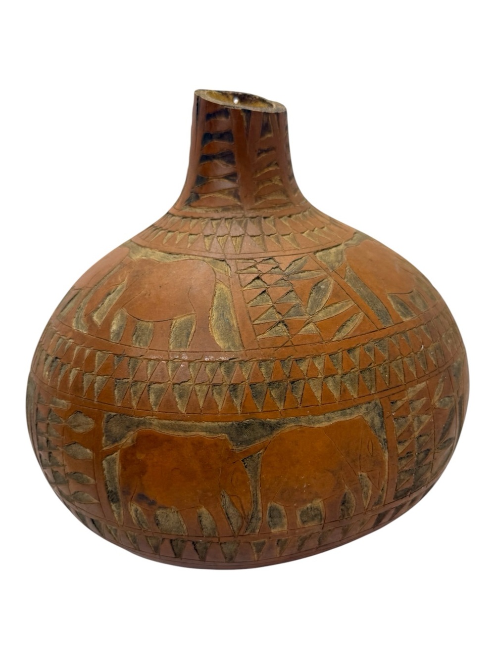 Vintage Large Hand Carved Wooden Gourd Elephant Boho Home Decor Open Vase